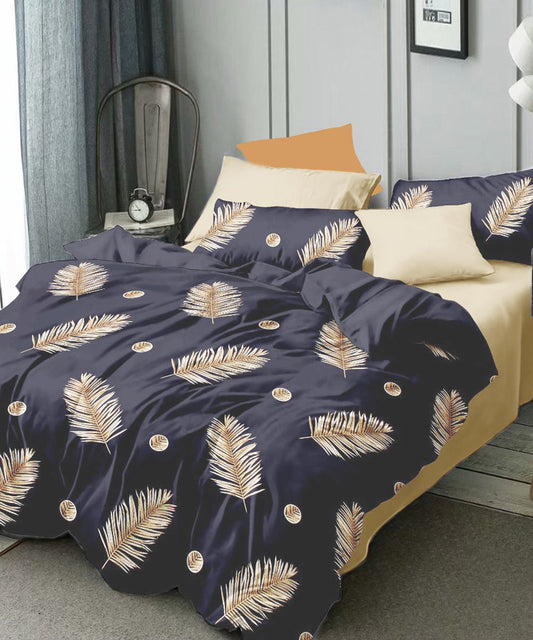 Dark Grey Leaves Double Bedsheet With 2 Pillow Cover