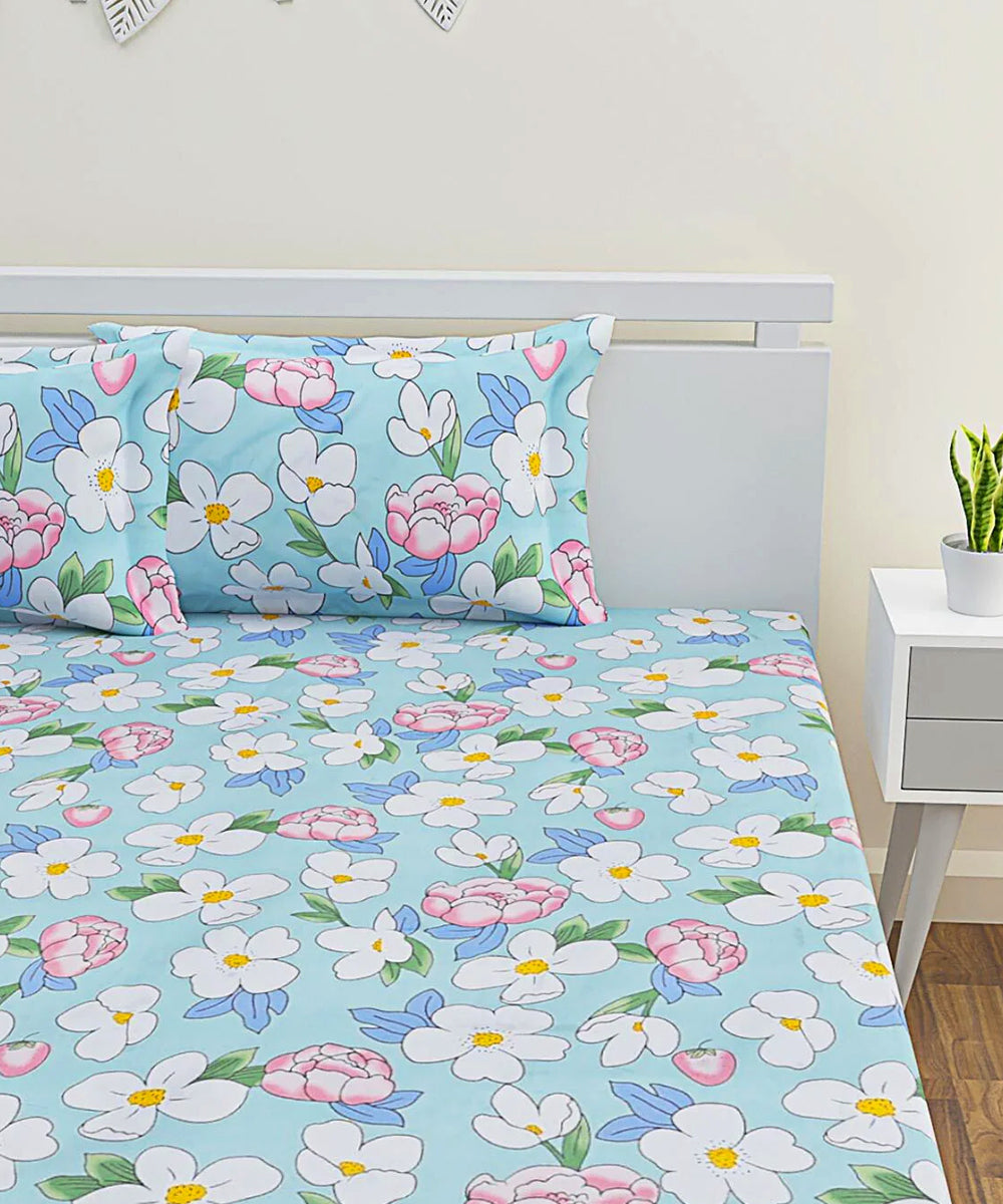 Green Floral King Size Bedsheet With 2 Pillow Covers