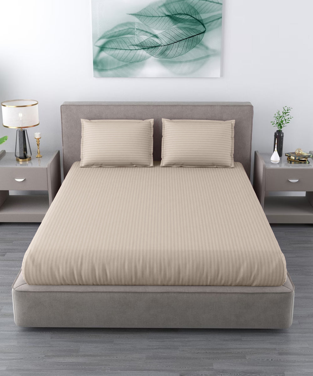 Beige Satin Stripe Flat Double Bedsheet With 2 Pillow Covers