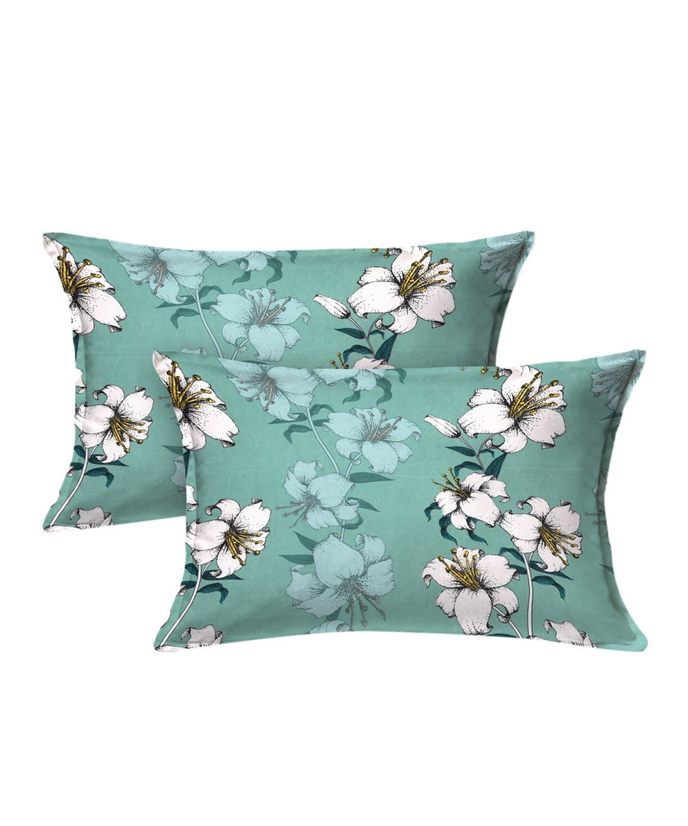 Green Floral Queen Fitted Bedsheet With 2 Pillow Covers