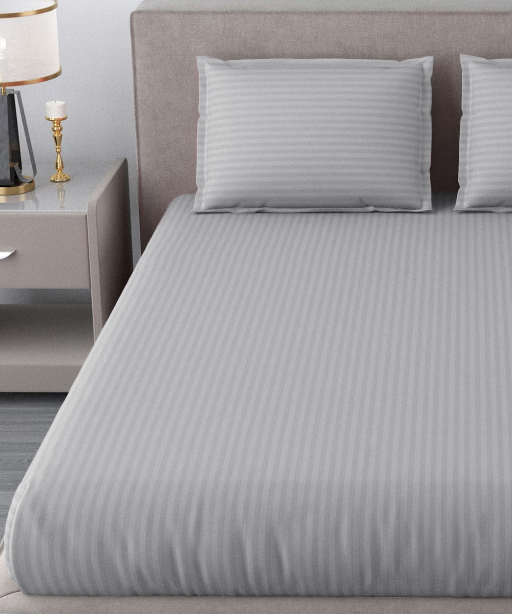 Light Grey Satin Stripe Double Bedsheet With 2 Pillow Covers