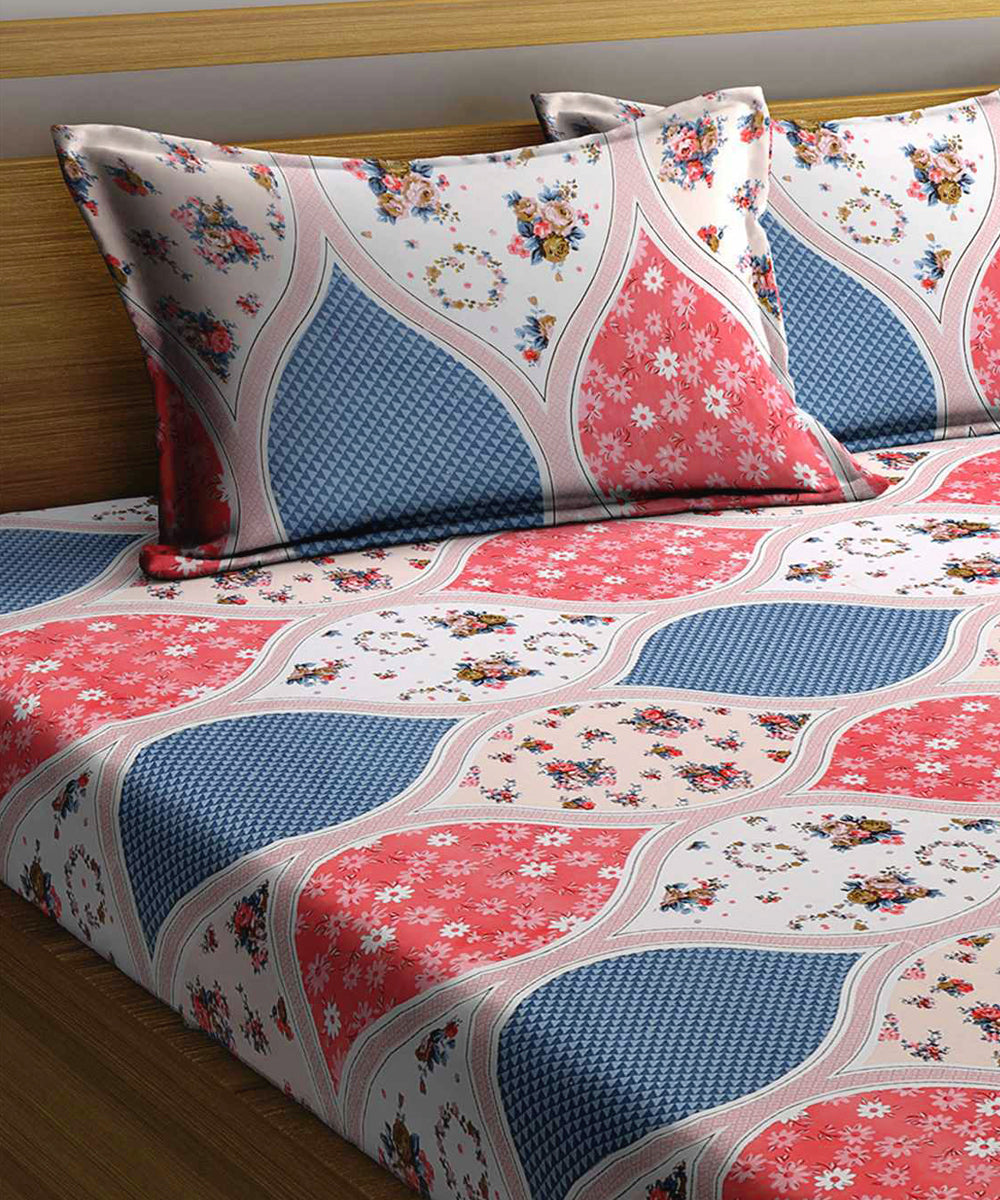 Multi Color Floral Queen Fitted Bedsheet With 2 Pillow Covers