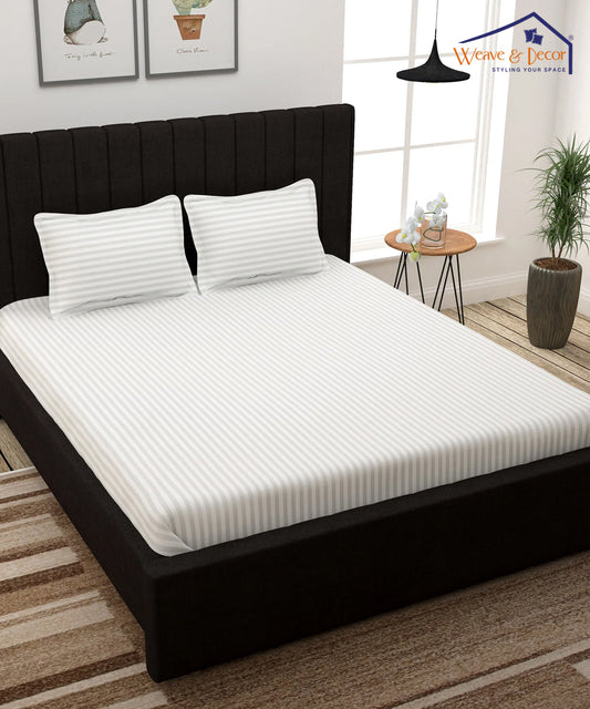 White Satin Stripe Double Bedsheet With 2 Pillow Covers