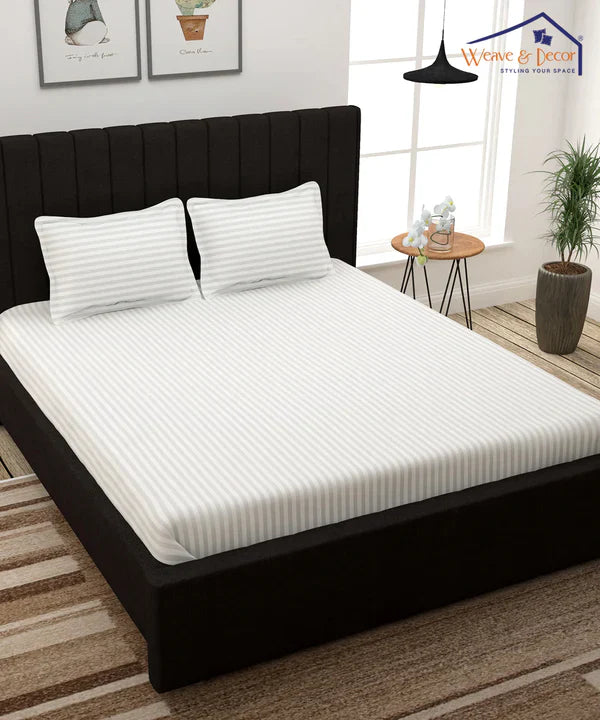 White Satin Stripe Bedsheet with Pillow Cover