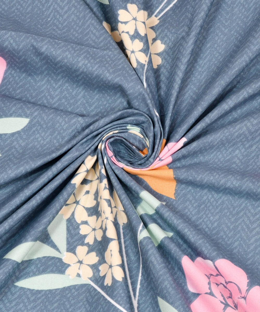 Blue Floral Queen Fitted Bedsheet With 2 Pillow Covers