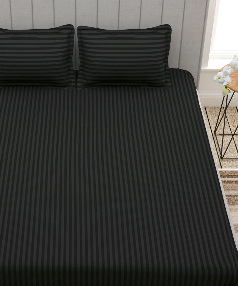 Charcoal Satin Stripe King Size Bedsheet With 2 Pillow Covers
