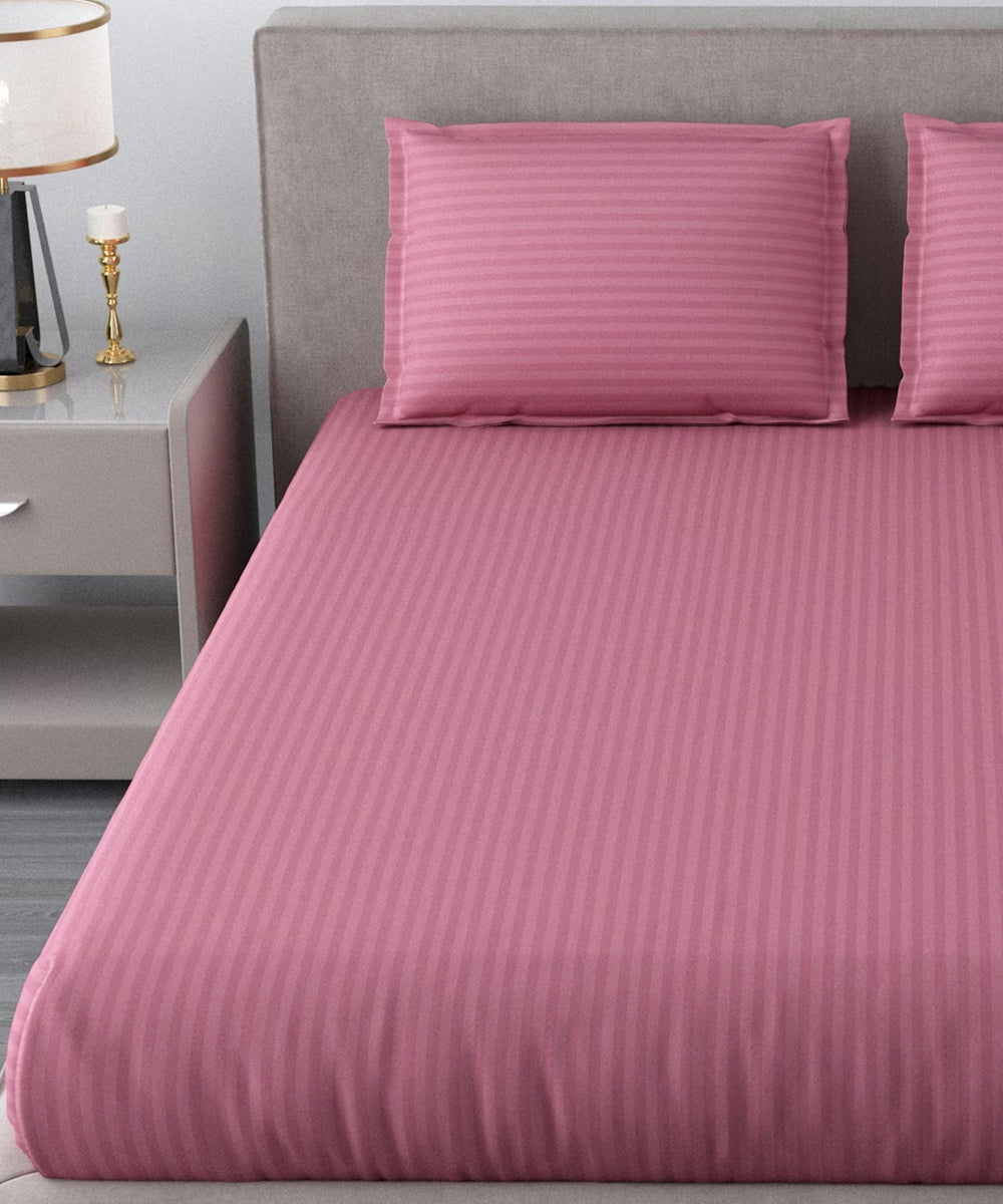 Pink Satin Stripe King Size Bedsheet With 2 Pillow Covers