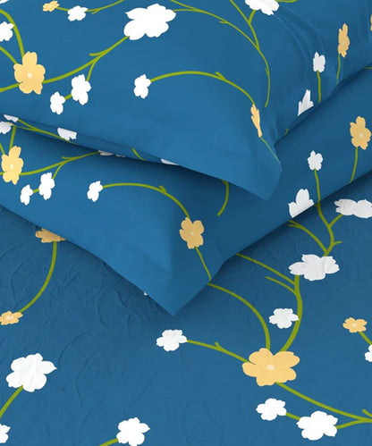 Blue Floral King Fitted Bedsheet With 2 Pillow Covers