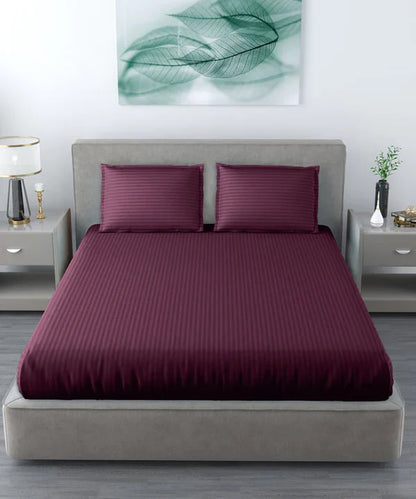 Wine Satin Stripe Bedsheet with Pillow Cover