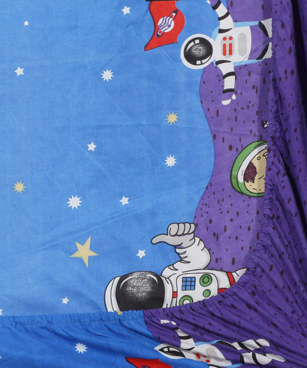 Space Printed Kids Single Fitted Bedsheet With 1 Pillow Cover