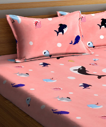 Pink Dolphin Kids Queen Fitted Bedsheet With 2 Pillow Covers