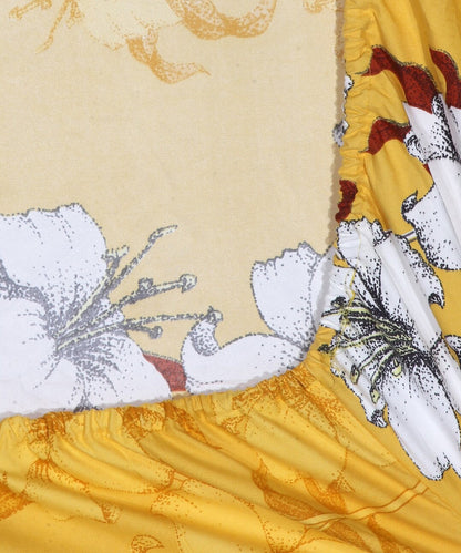 Mustard Floral King Fitted Bedsheet With 2 Pillow Covers