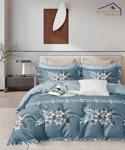 Blue Floral Single Fitted Bedsheet With 1 Pillow Cover