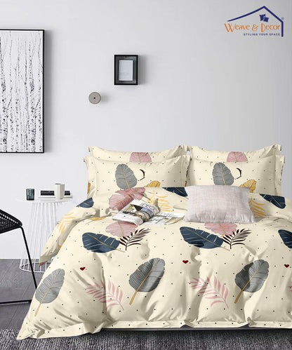 Cream Leaf Flat Double Bedsheet With 2 Pillow Covers