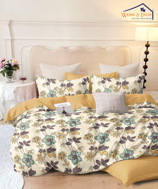 Cream Floral Queen Fitted Bedsheet With 2 Pillow Covers