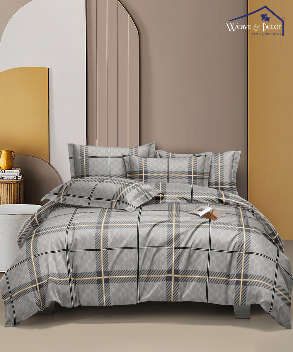Grey Checks Queen Fitted Bedsheet With 2 Pillow Covers