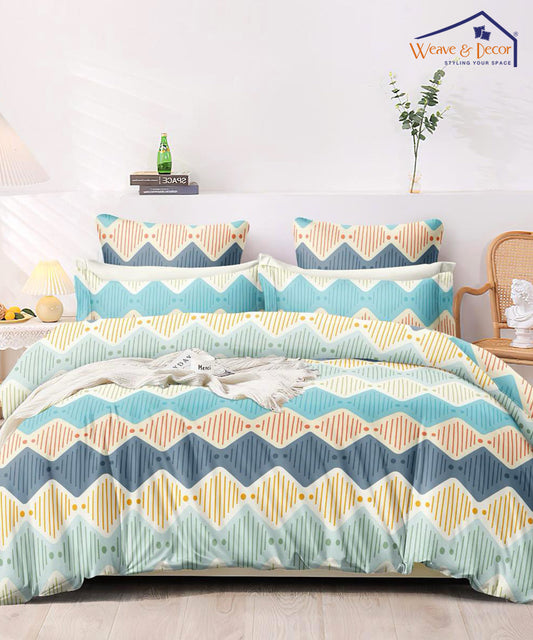 Multicolor Abstract Queen Fitted Bedsheet With 2 Pillow Covers