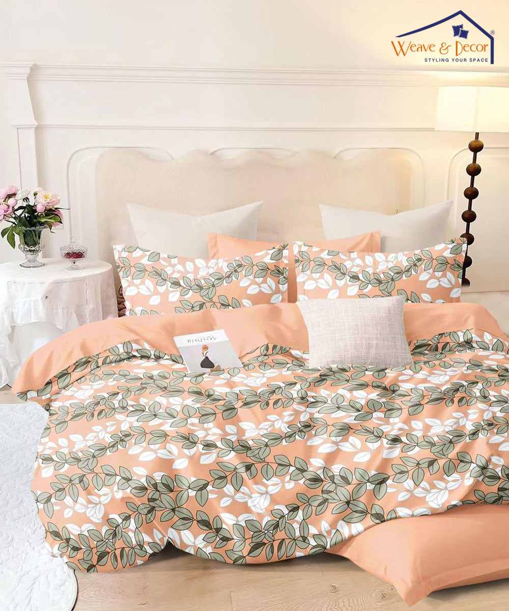 Peach Leafy Pattern Single Fitted Bedsheet With 1 Pillow Cover