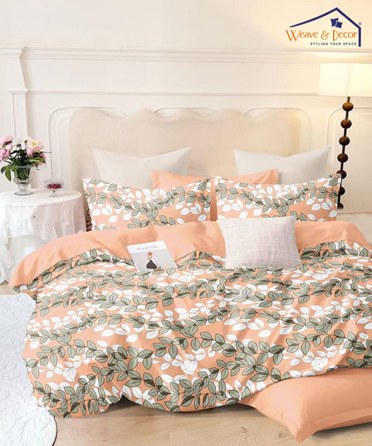 Peach Leafy Pattern Single Fitted Bedsheet With 1 Pillow Cover