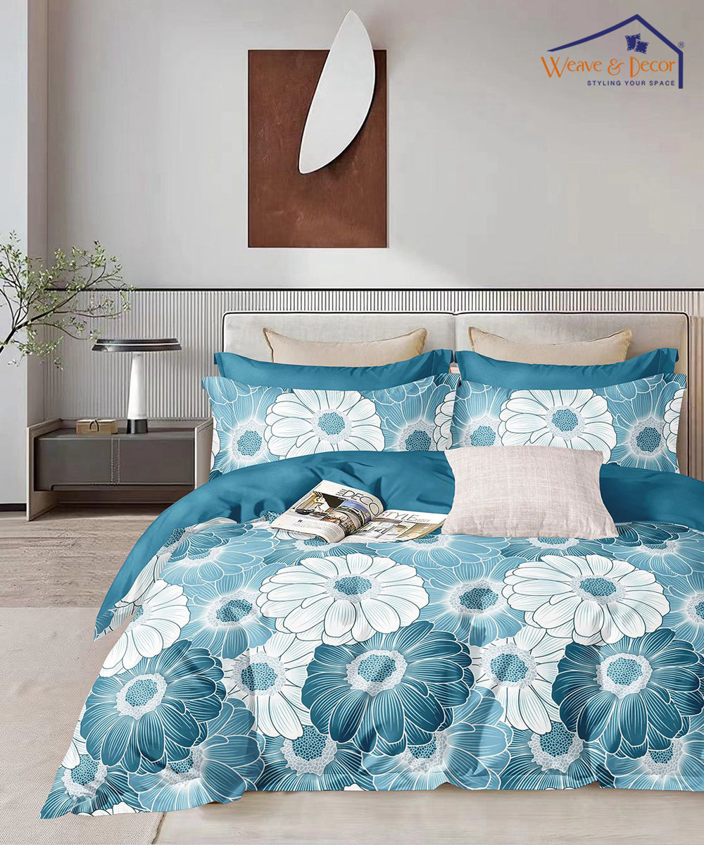 Blue Flora Single Fitted Bedsheet With 1 Pillow Cover