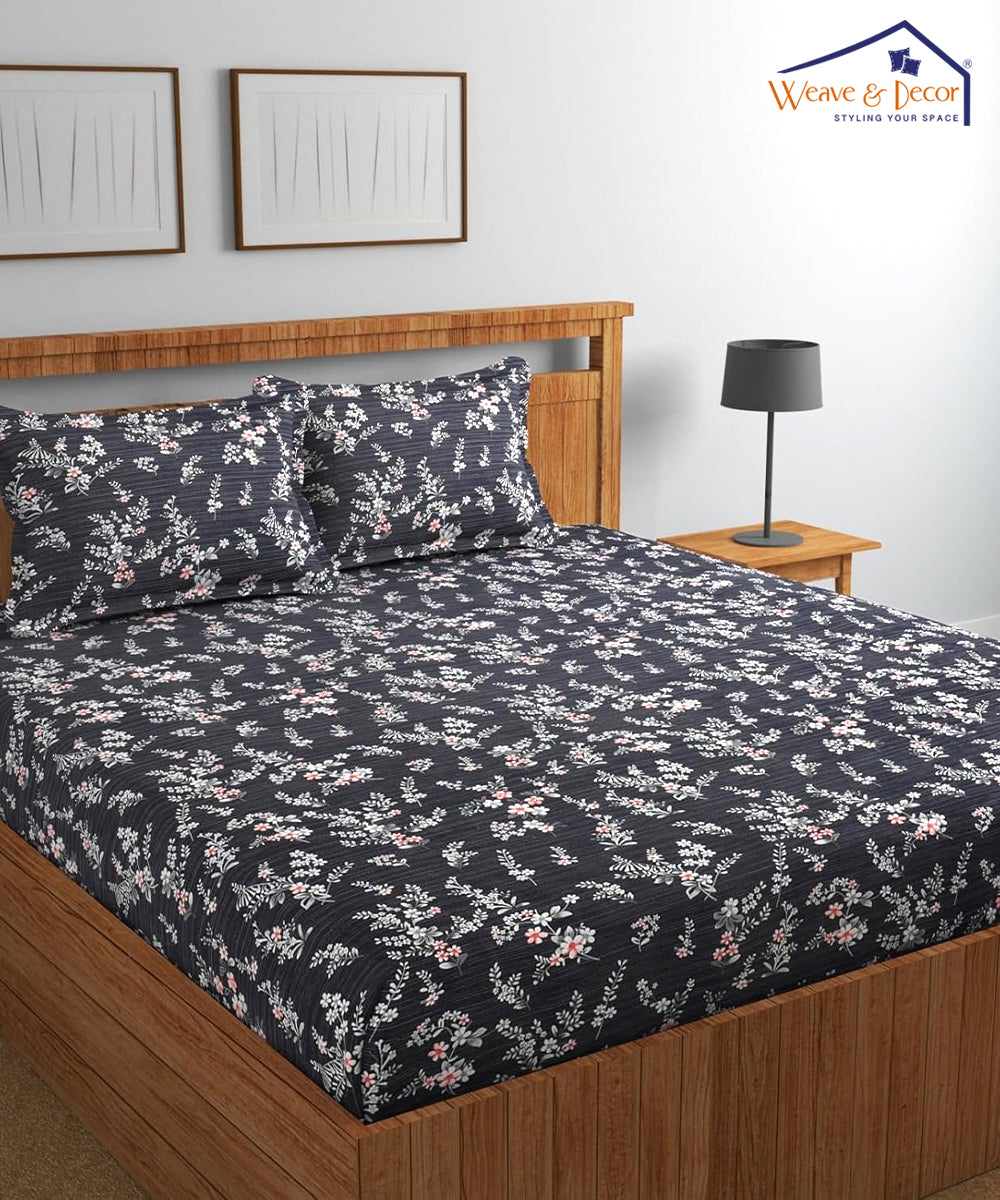 Charcoal Blossom  Queen Fitted Bedsheet With 2 Pillow Covers