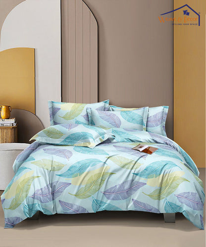 Pale  Turquoise Leafy Pattern Super King Fitted Bedsheet With 2 Pillow Covers