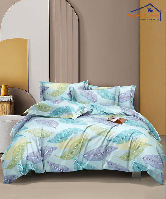 Pale  Turquoise Leafy Pattern Super King Fitted Bedsheet With 2 Pillow Covers