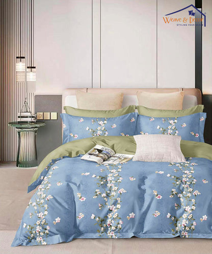 Blue Floral Single Fitted Bedsheet With 1 Pillow Cover