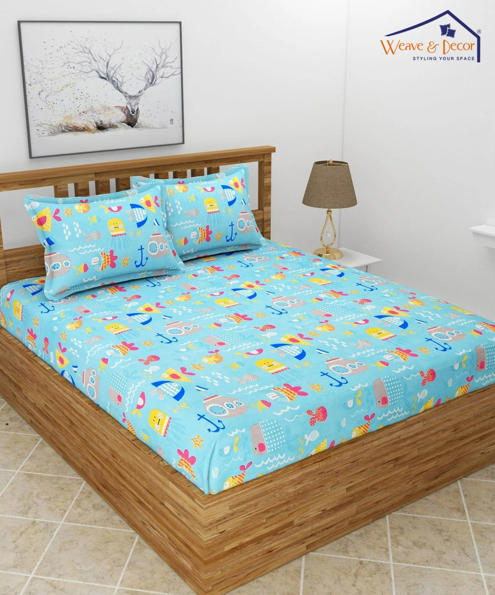 Life in Sea Super King Fitted Bedsheet With 2 Pillow Covers