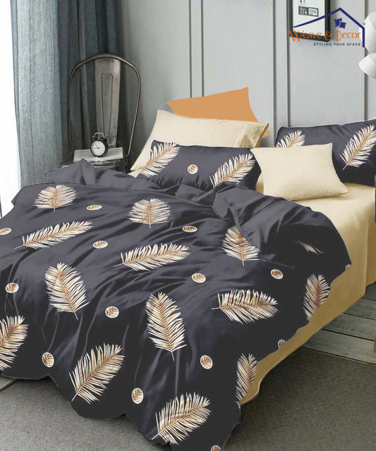 Dark Grey Leaves King Size Bedsheet With 2 Pillow Cover