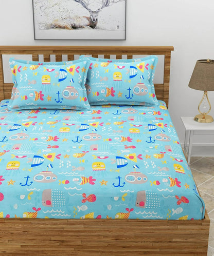 Life In Sea Flat Double Bedsheet With 2 Pillow Cover