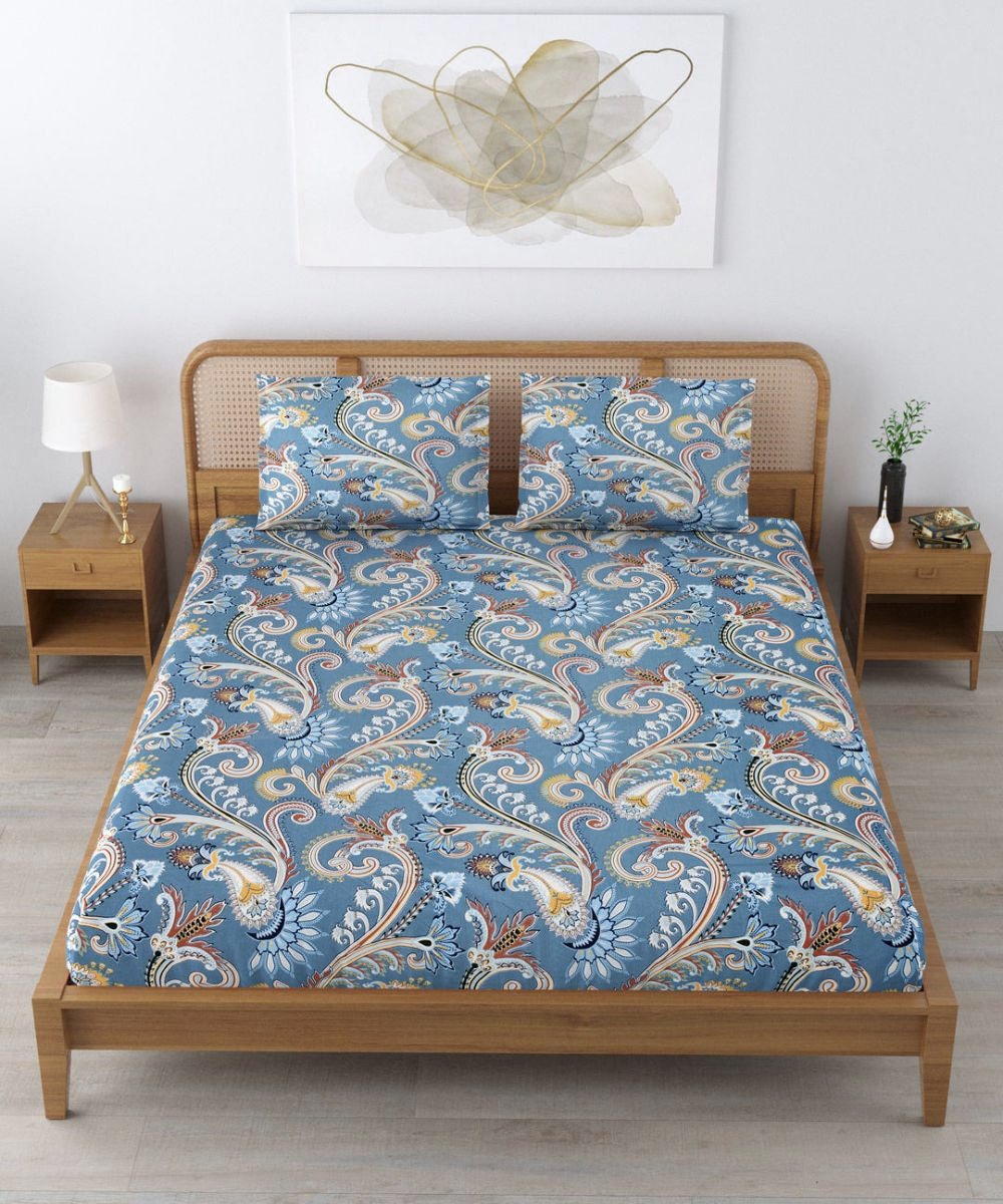 Blue Blossom King Size Bedsheet With 2 Pillow Cover