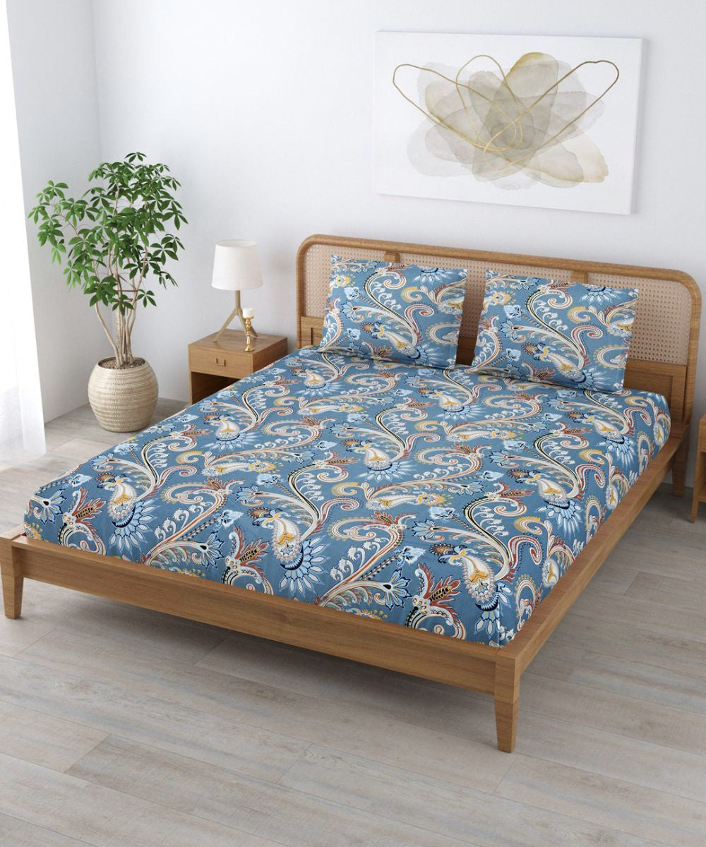 Blue Blossom Flat Double Bedsheet With 2 Pillow Cover