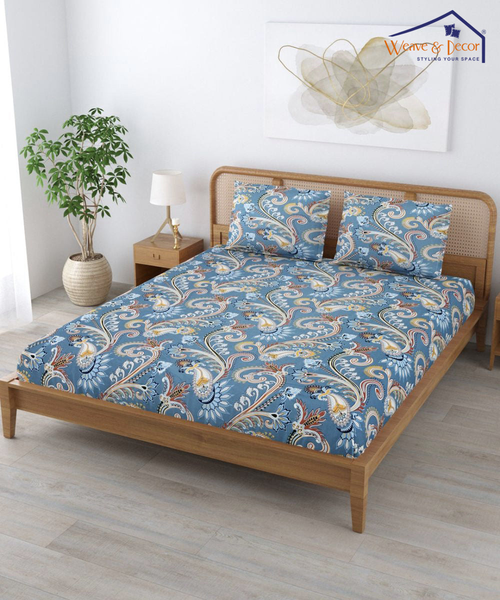 Blue Blossom Super King Fitted Bedsheet With 2 Pillow Covers