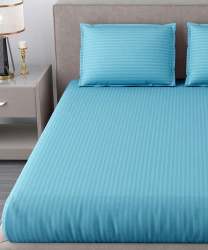 Sky Satin Stripe Flat Double Bedsheet With 2 Pillow Covers