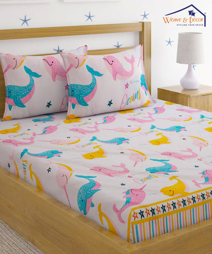 Dolphins Kids King Size Bedsheet with 2 Pillow Covers