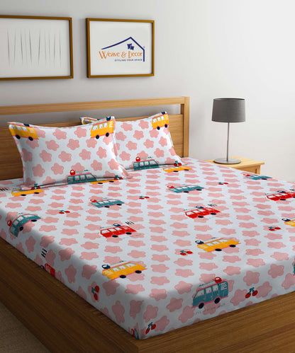 Red Bus Single Fitted Bedsheet With 1 Pillow Cover