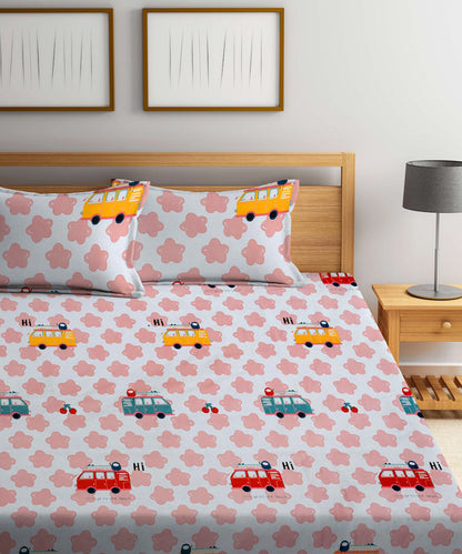 Red Bus Single Fitted Bedsheet With 1 Pillow Cover