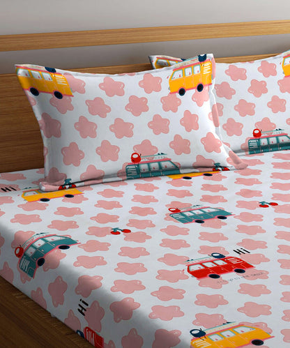 Red Bus King Size Bedsheet With 2 Pillow Cover