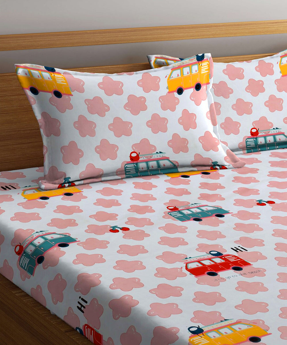 Red Bus King Fitted Bedsheet With 2 Pillow Covers