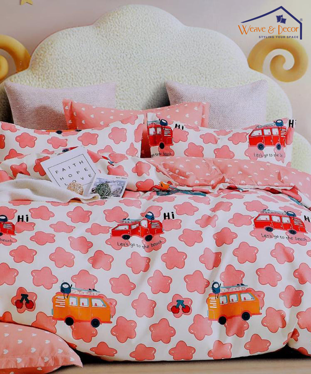 Red Bus King Fitted Bedsheet With 2 Pillow Covers