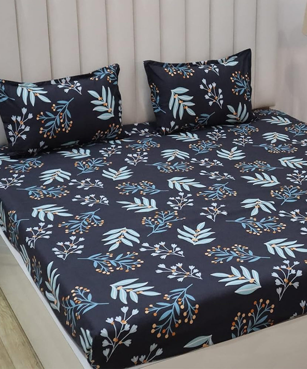 Blue Floral Fitted Bedsheet With Pillow Cover