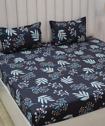 Blue Floral Fitted Bedsheet With Pillow Cover