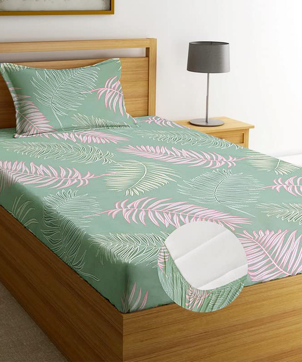 Green Leaves Single Fitted Bedsheet With 1 Pillow Cover