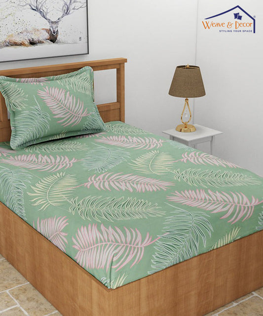 Green Leaves Single Fitted Bedsheet With 1 Pillow Cover