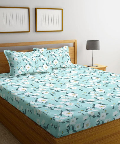 Green Blossom King Fitted Bedsheet With 2 Pillow Covers