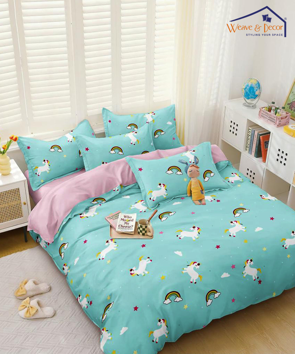 Blue Unicorn Single Bedsheet With 1 Pillow Cover