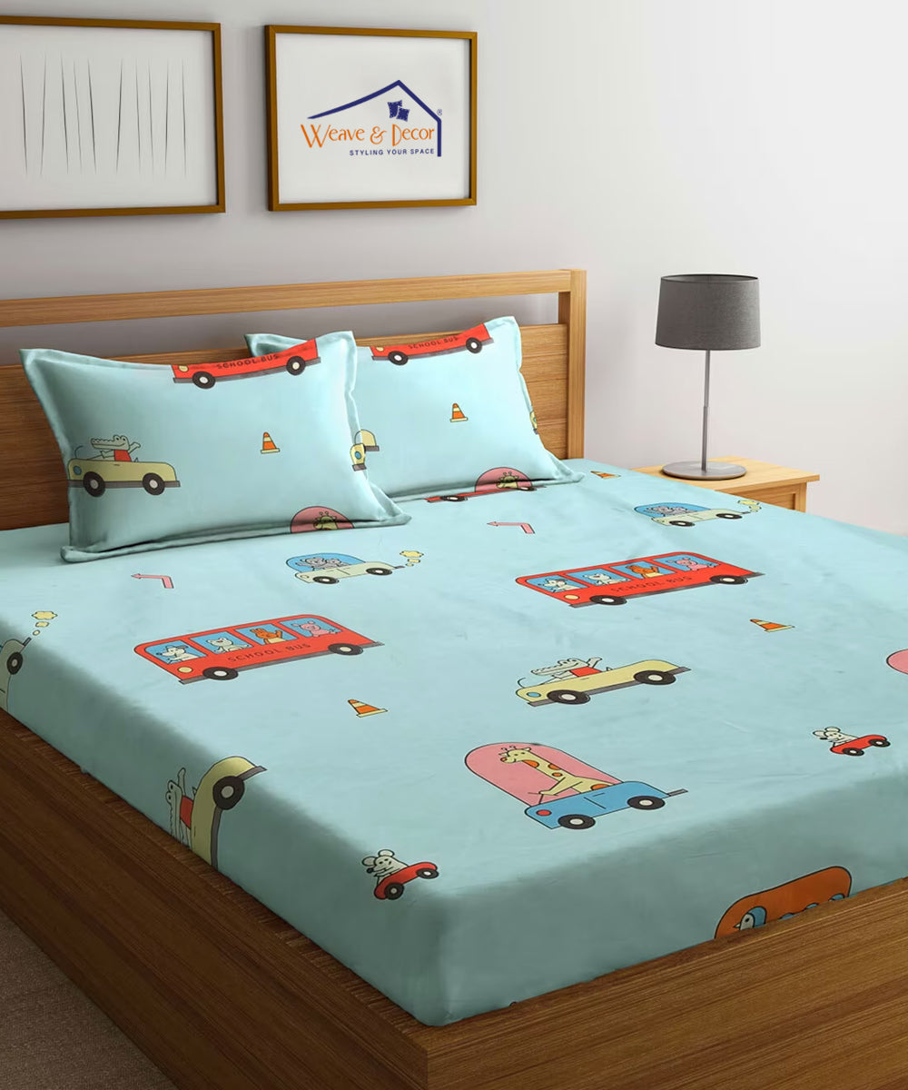 Blue Kids King Fitted Bedsheet With 2 Pillow Covers
