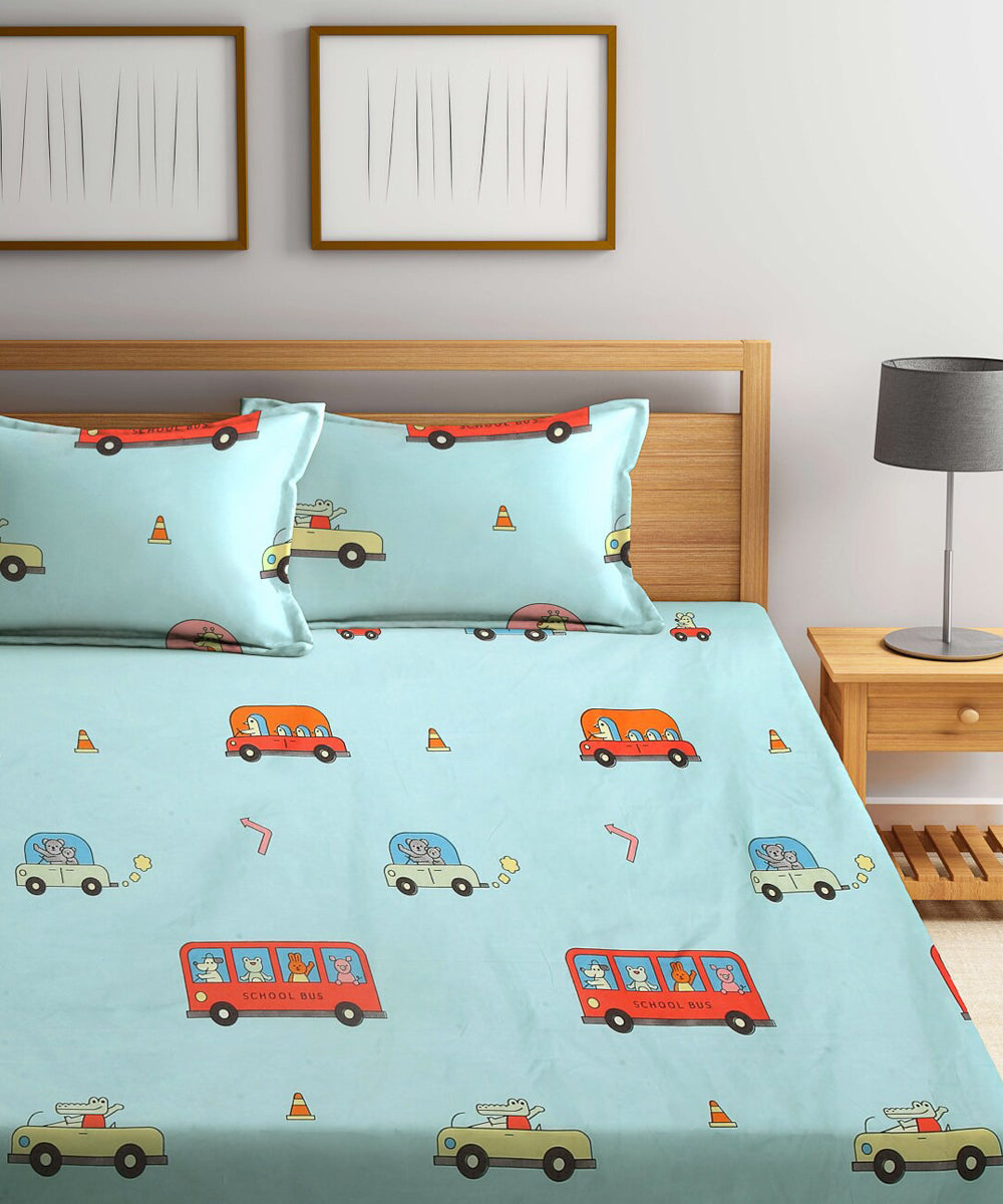 Blue Kids Super King Fitted Bedsheet With 2 Pillow Covers