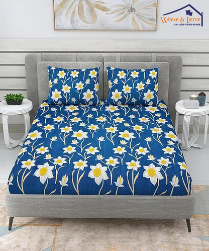 Blue Floral Single Fitted Bedsheet With 1 Pillow Cover